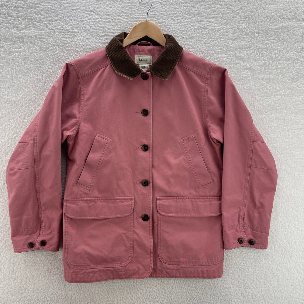 LL Bean Chore Jacket Womens S Petite Pink Corduroy Collar Canvas Coat Granola